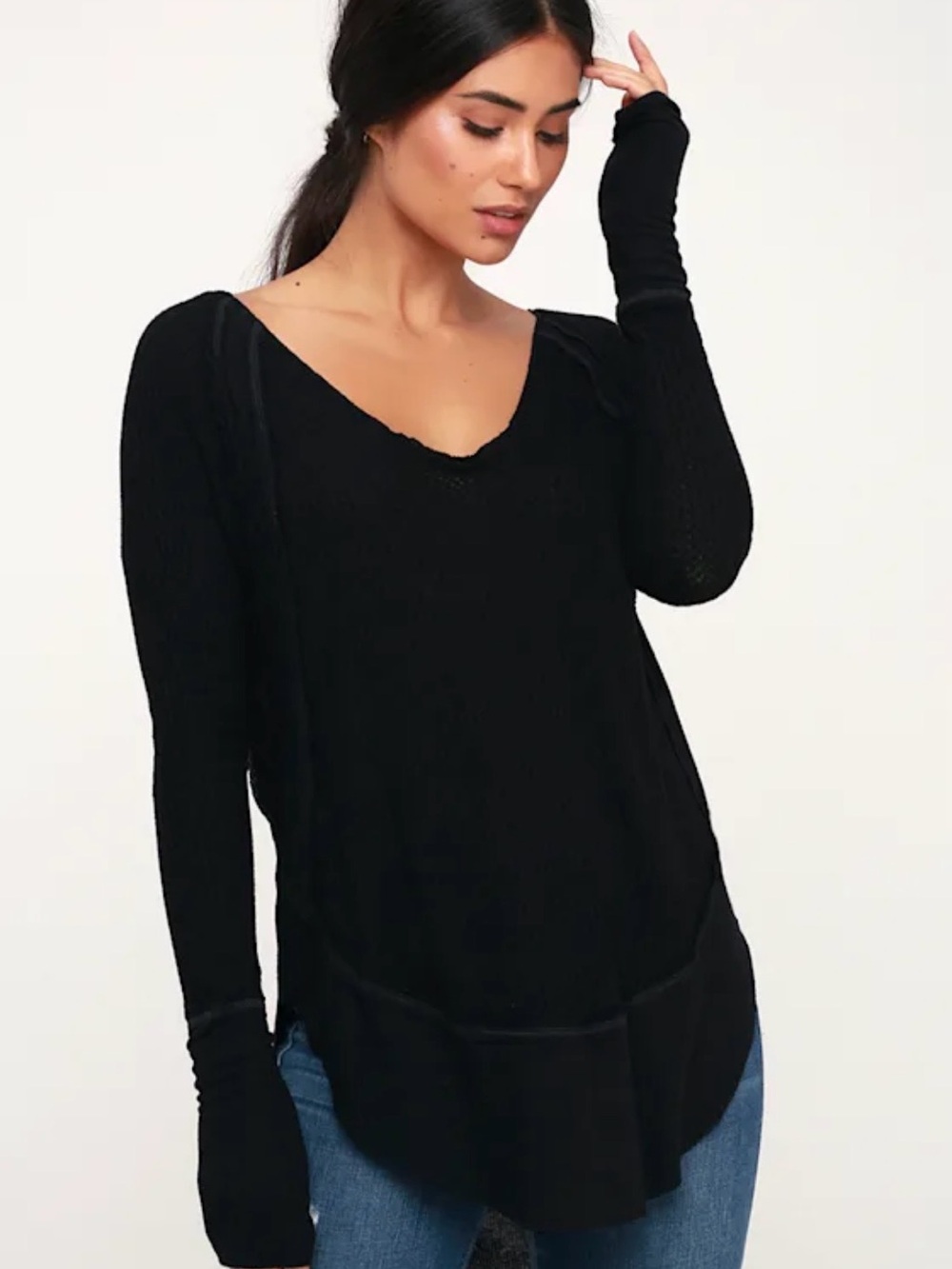 Free People Catalina Thermal Black Long Sleeve Scoop Neck Top